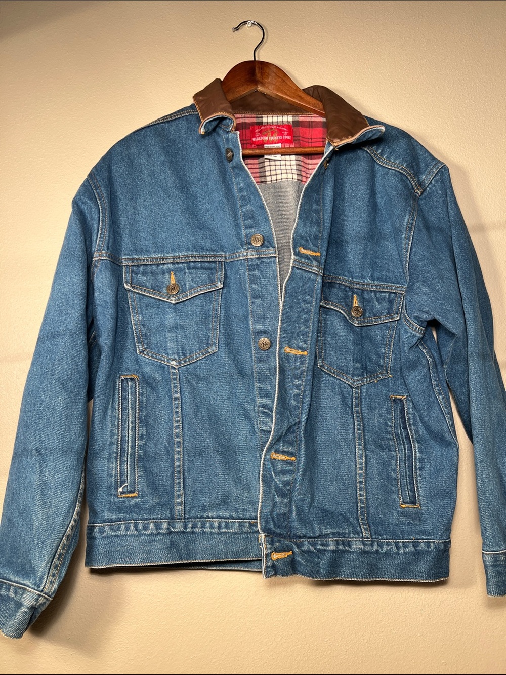 MALBORO Men's Blue Denim Jacket with Brown Corduroy Collar UNISEX: S